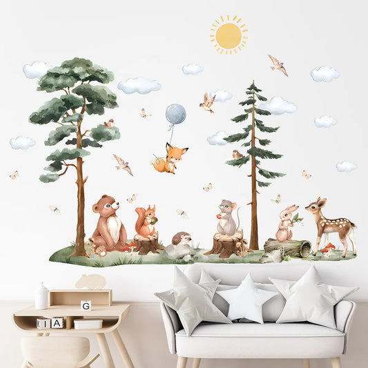 Woodland Forest Animals Wall Sticker Self-adhesive Cartoon Bear Rabbit Fox Wall Decals for Kids Room Kindergarten Decor Decals